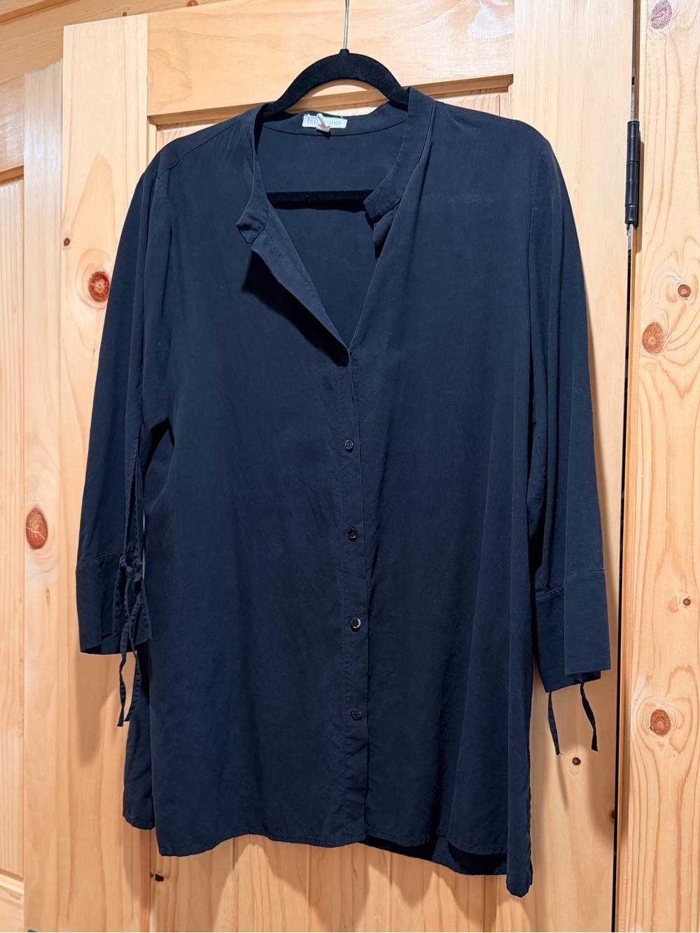 Eileen Fisher Black Spun Silk Collarless Button-Front Tunic 3/4 Split Tie Sleeve